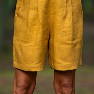 Amber yellow shorts BERGEN, Bermuda linen shorts, Pleated high waisted shorts, Shorts with pockets image 2