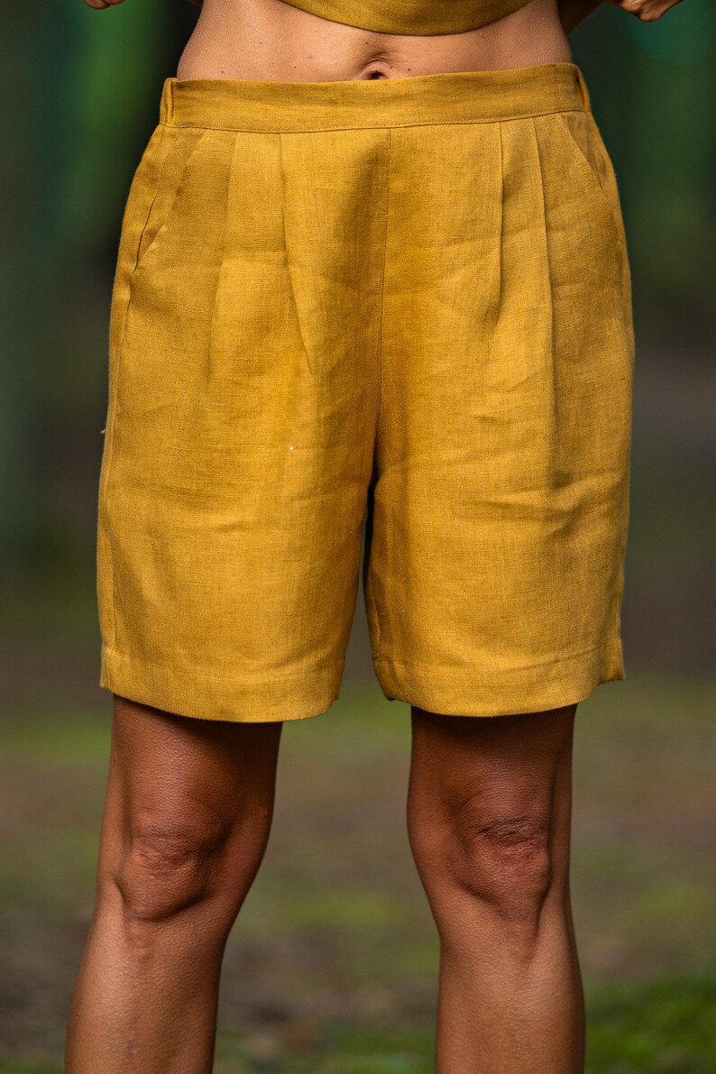 Amber yellow shorts BERGEN, Bermuda linen shorts, Pleated high waisted shorts, Shorts with pockets image 2