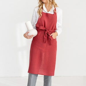 Linen Bib Apron In Raspberry / Unisex Apron / Linen Kitchen Apron image 3