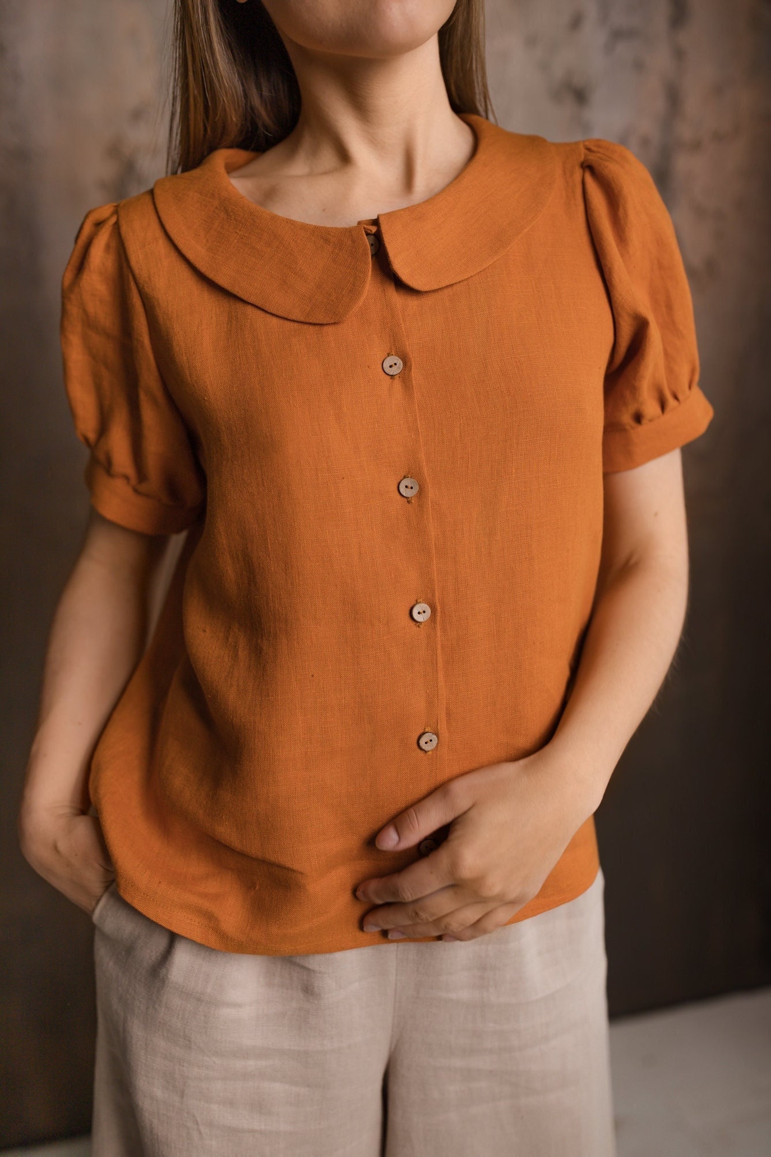 Oversized Linen Shirt MARIA, Collared Linen Blouse, Loose Linen Blouse