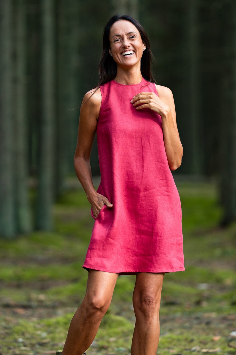 Raspberry linen dress VICTORIA, Sleeveless loose dress, Knee-length linen dress, image 3