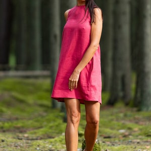 Raspberry linen dress VICTORIA, Sleeveless loose dress, Knee-length linen dress, image 2