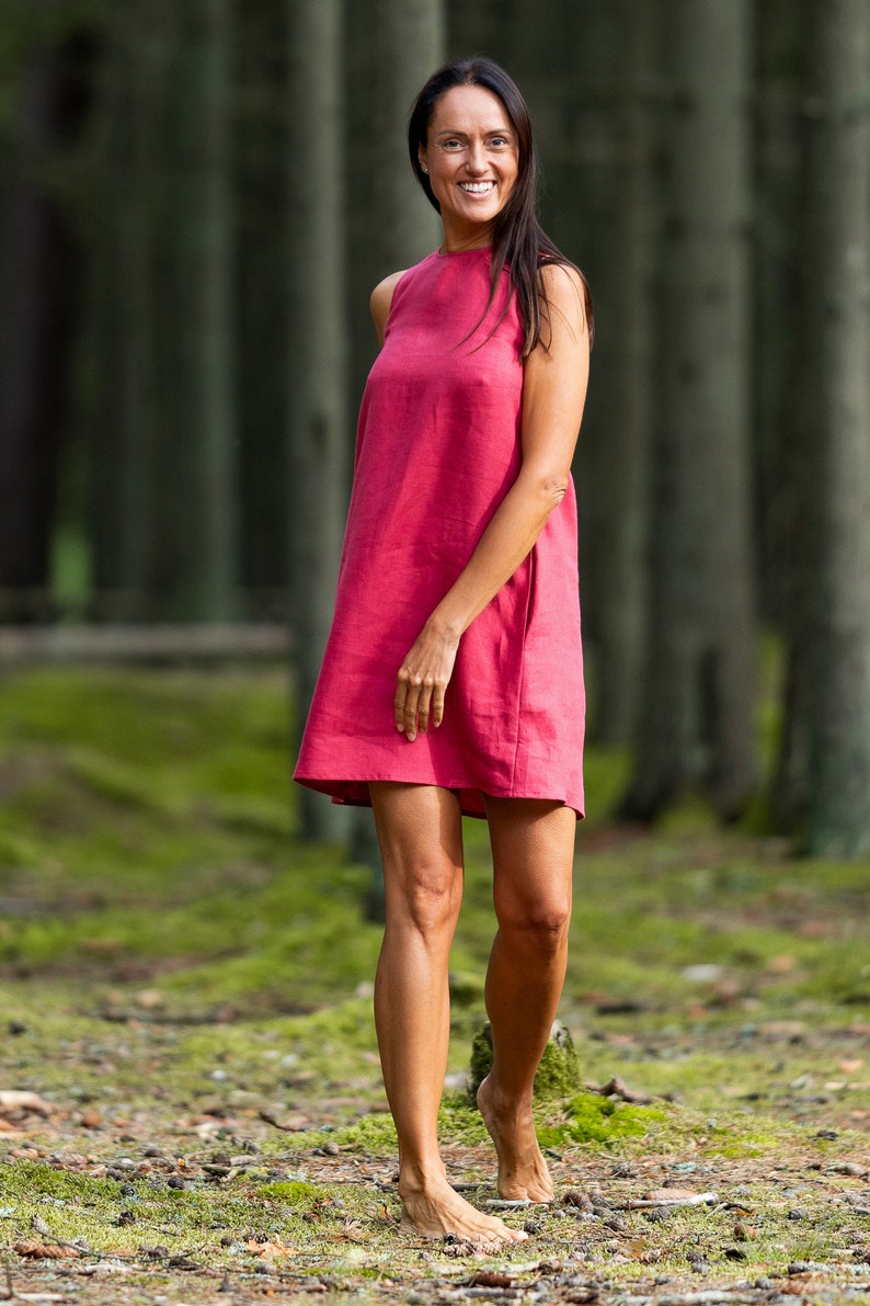 Raspberry linen dress VICTORIA, Sleeveless loose dress, Knee-length linen dress, image 2