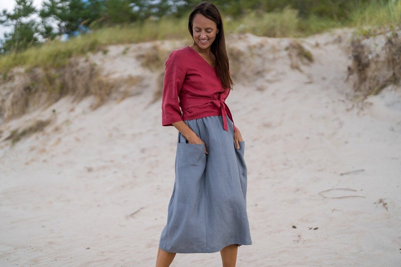 MIDI linen skirt / Skirt with pockets / Elastic waist skirt / Summer linen skirt / image 2