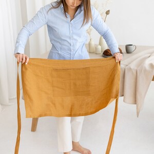 Linen half apron, Cafe linen apron, Half linen apron with front pocket, Barista apron, image 5