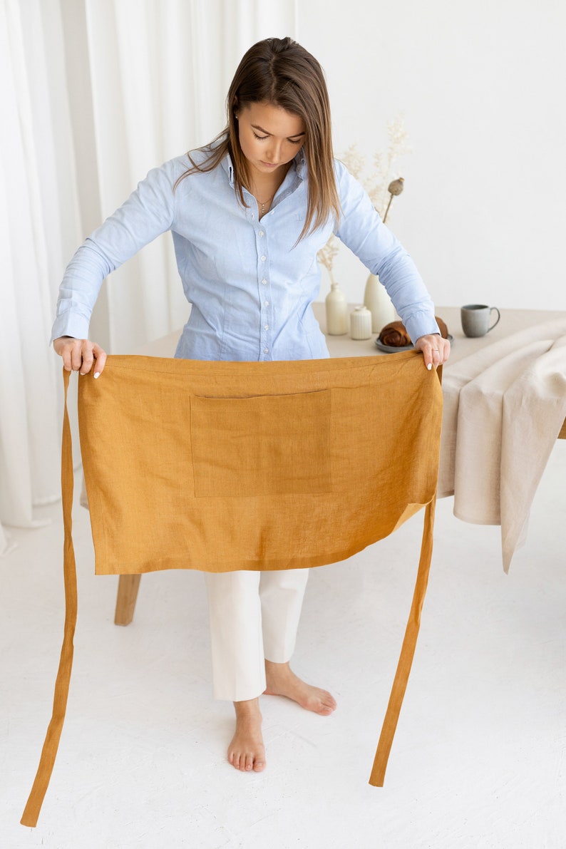 Linen half apron, Cafe linen apron, Half linen apron with front pocket, Barista apron, image 5