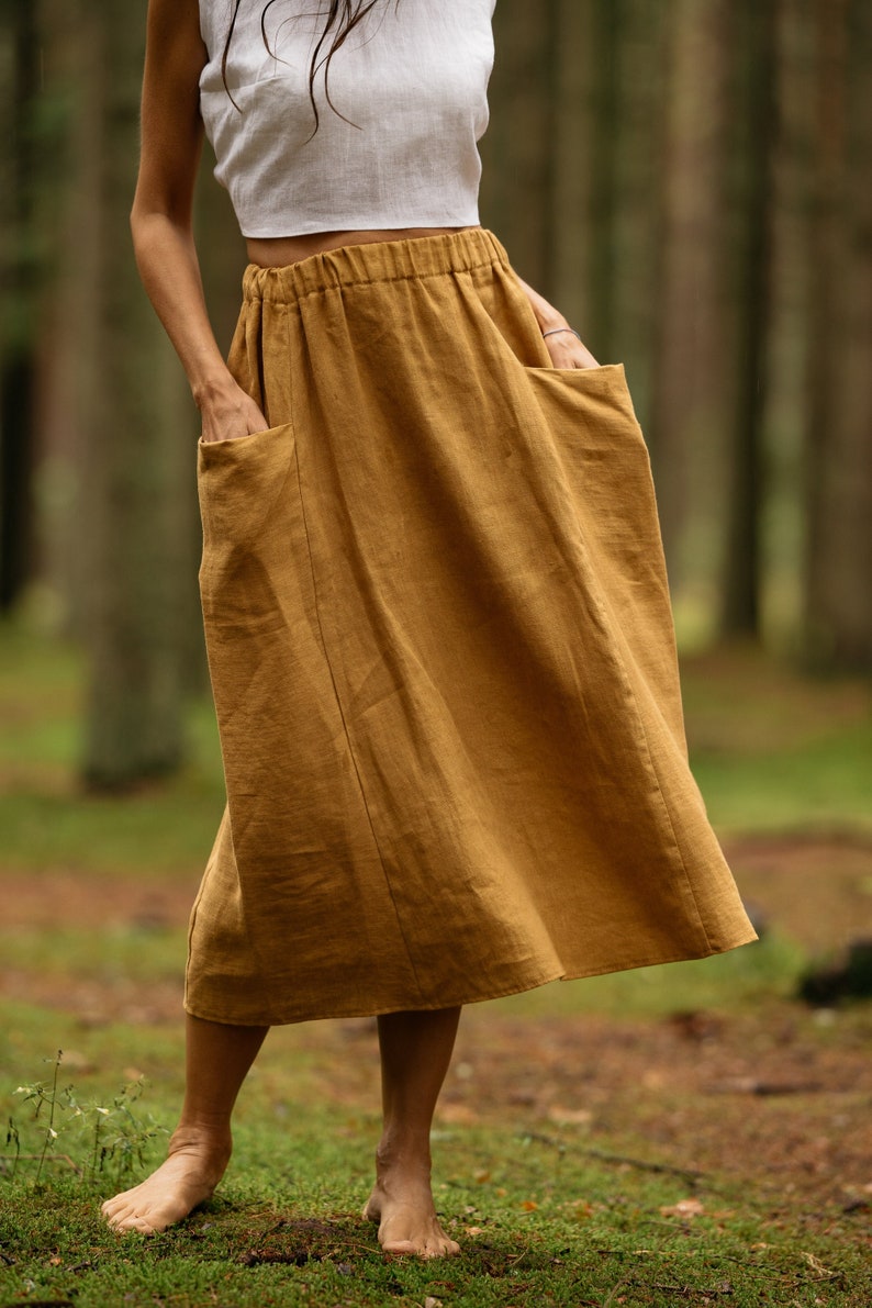 Linen skirt with deep pockets / Washed linen skirt / Linen skirt / Knee length linen skirt / High waist linen skirt / Midi linen skirt / image 1