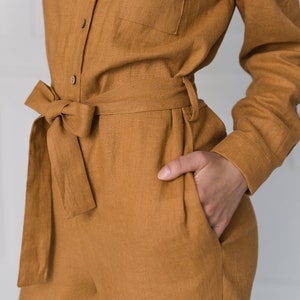 Linen jumpsuit LUGANO, Summer linen jumpsuit, Linen overall with belt, Women linen romper, Loose button up linen jumpsuit, image 4