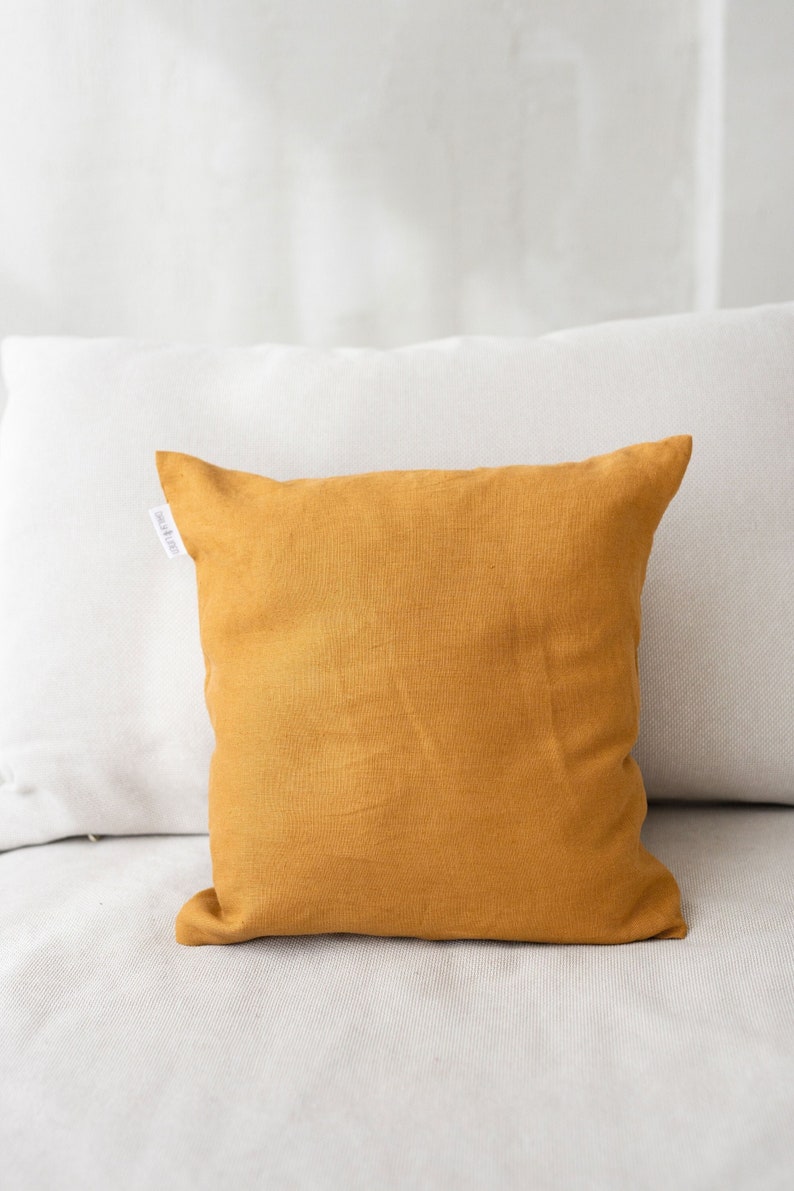 DECO linen pillow in amber yellow color. Throw pillow case. Pillow covers. Sofa cushion cover. image 1