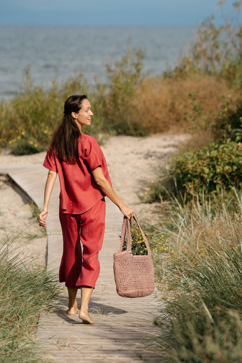 Ensemble de détente en lin, Pantalon en lin, Haut en lin, Chemisier en lin, Haut à manches en lin, Ensemble deux pièces en lin, Vêtements en lin lavés, Vêtements en lin image 4