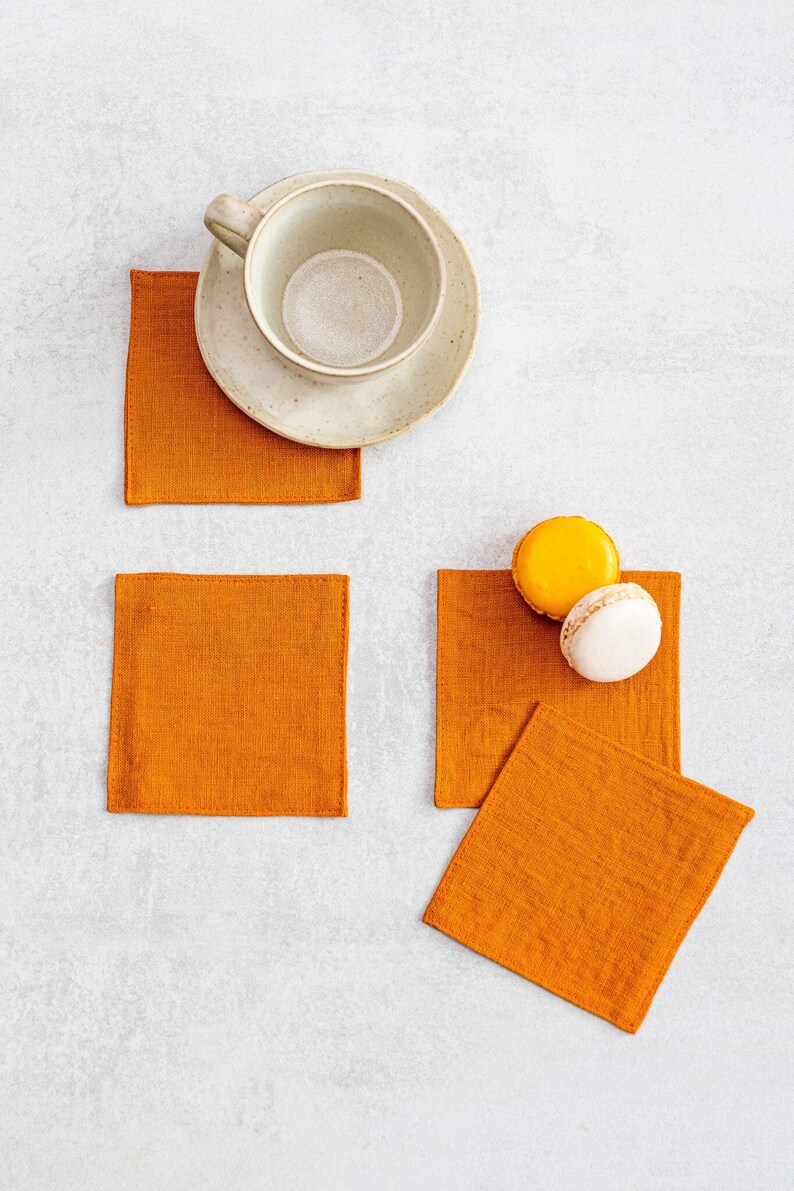 Linen coasters in mustard color. Linen coasters set of 4/6/8/10. Available in various colors image 1