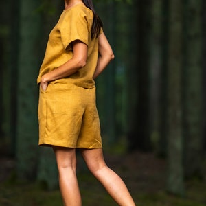 Amber yellow shorts BERGEN, Bermuda linen shorts, Pleated high waisted shorts, Shorts with pockets image 7