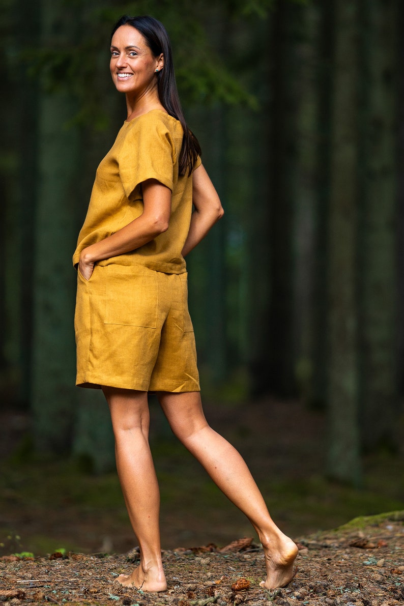 Amber yellow shorts BERGEN, Bermuda linen shorts, Pleated high waisted shorts, Shorts with pockets image 7