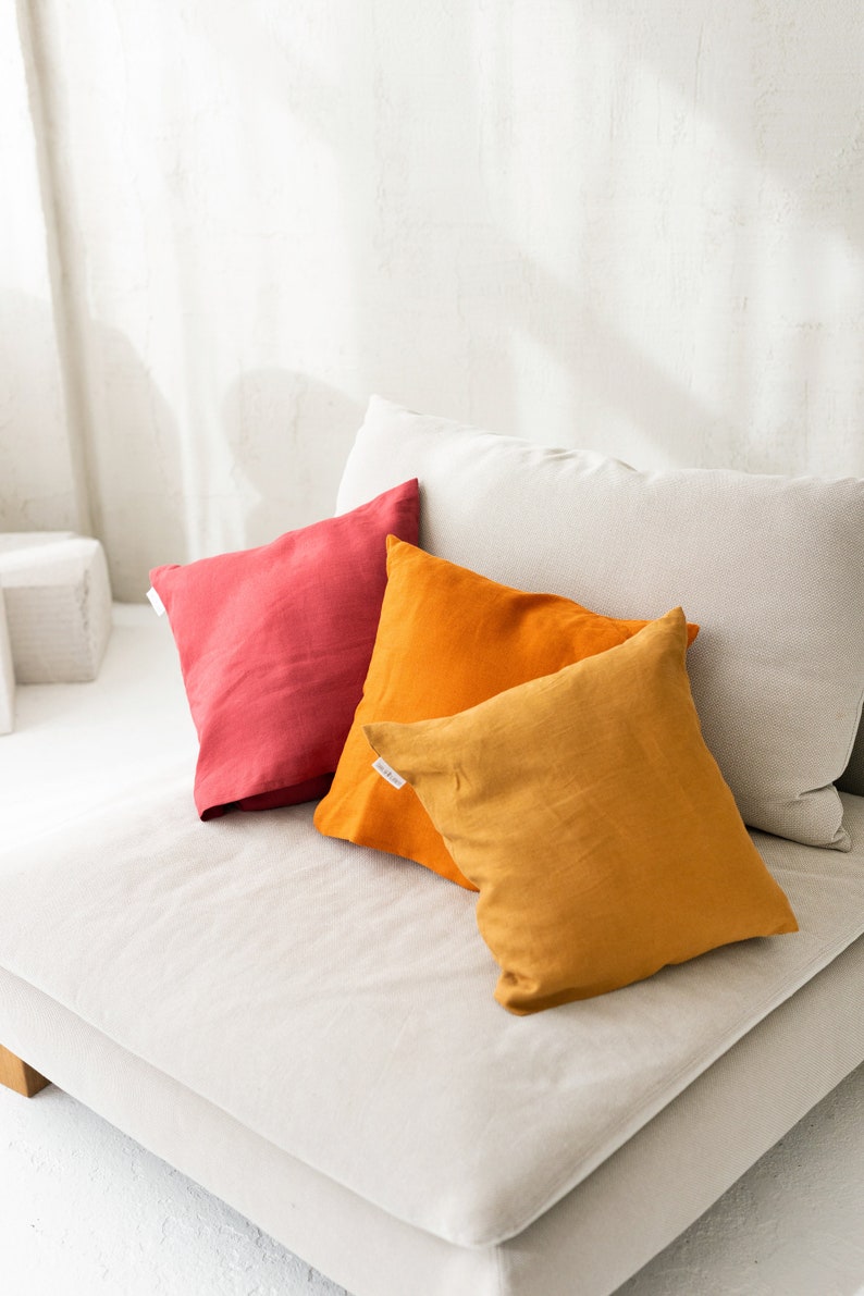DECO linen pillow in amber yellow color. Throw pillow case. Pillow covers. Sofa cushion cover. image 3