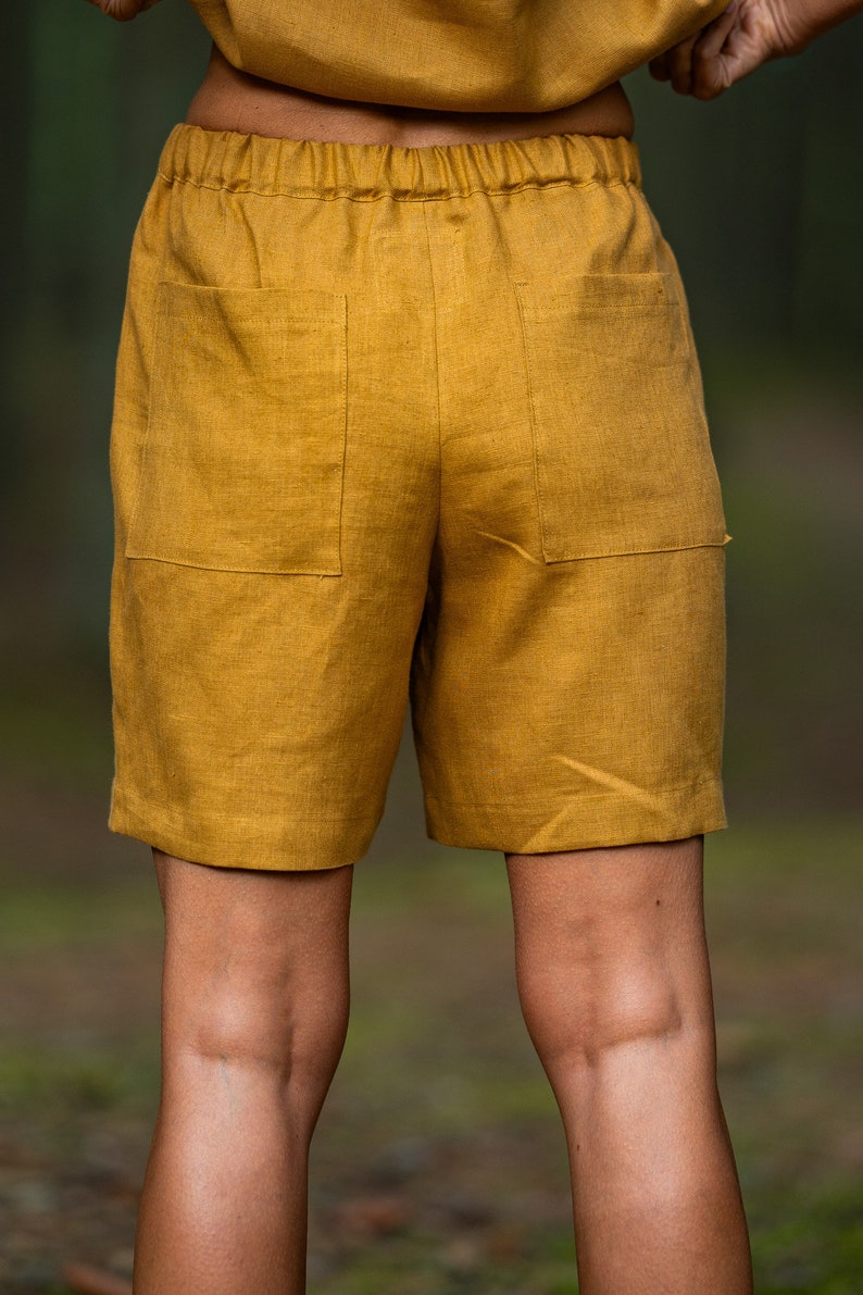Amber yellow shorts BERGEN, Bermuda linen shorts, Pleated high waisted shorts, Shorts with pockets image 4
