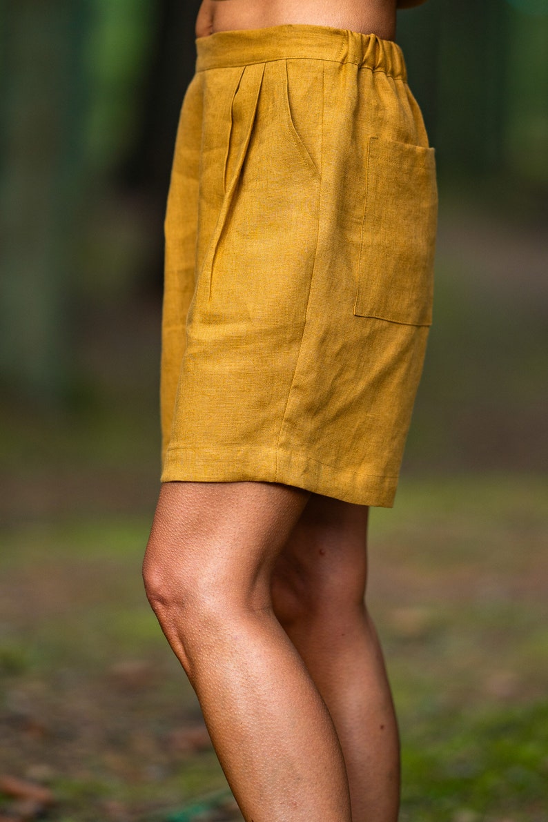 Amber yellow shorts BERGEN, Bermuda linen shorts, Pleated high waisted shorts, Shorts with pockets image 3