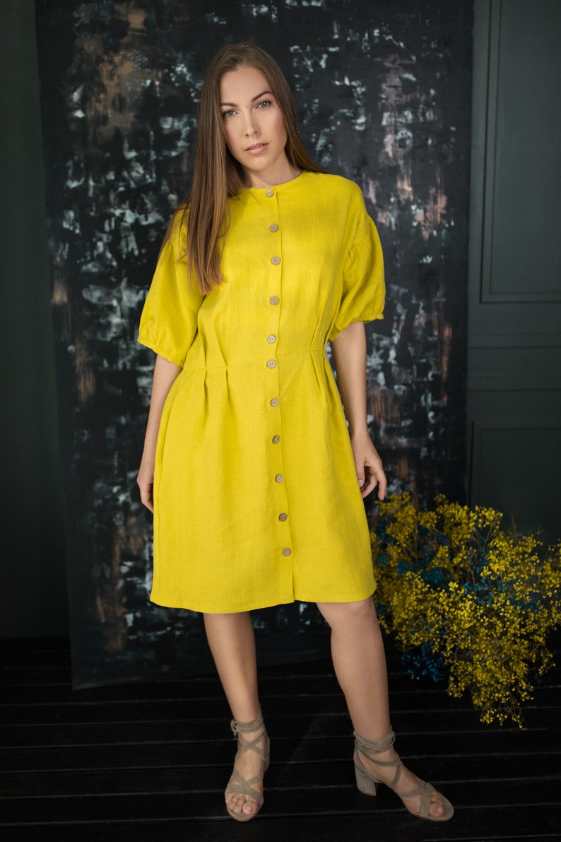 Linen dress MONA, Linen shirt dress, Dress with pockets, Pleated linen dress, Summer dress, Button up linen dress, image 3