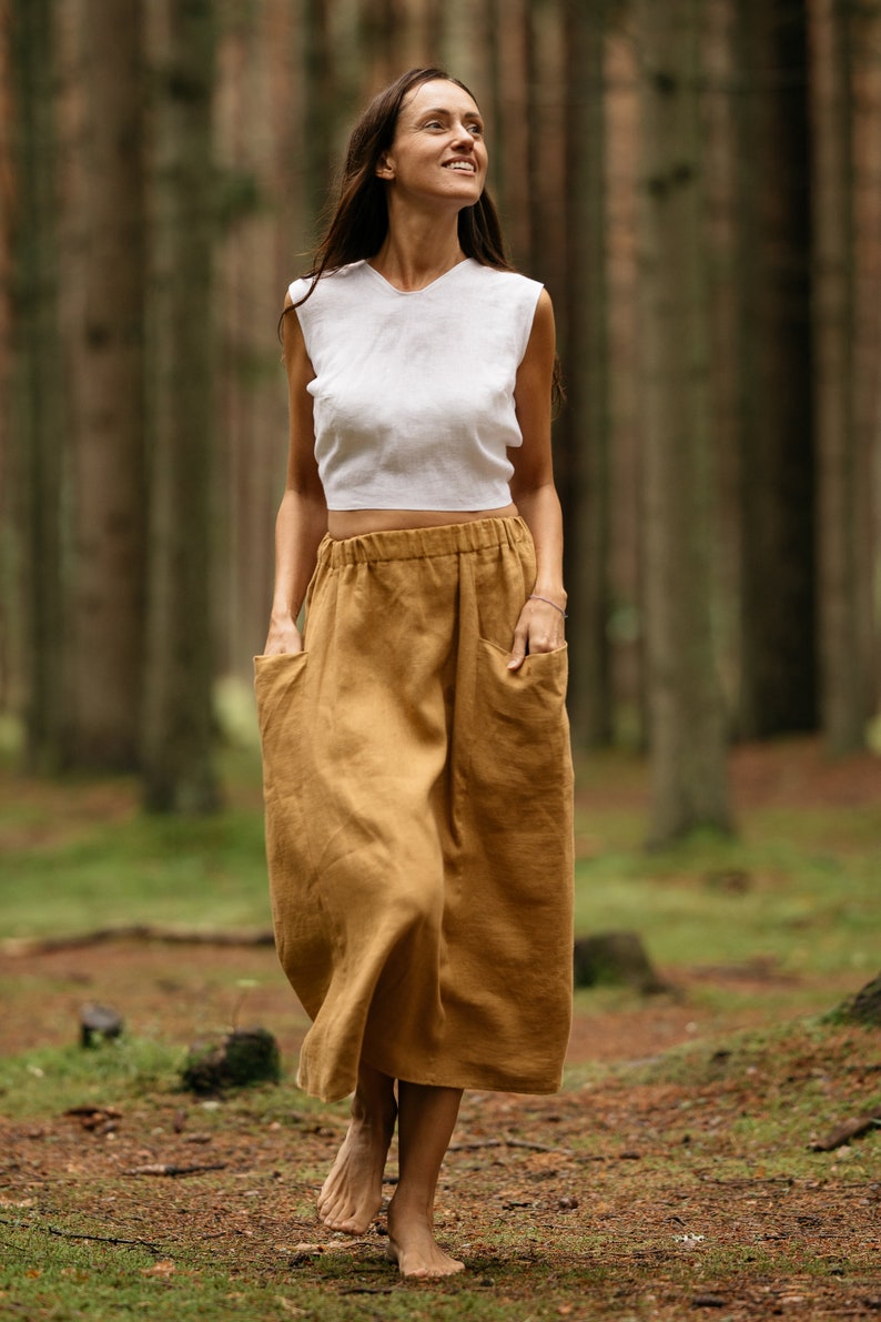 Linen skirt with deep pockets / Washed linen skirt / Linen skirt / Knee length linen skirt / High waist linen skirt / Midi linen skirt / image 2