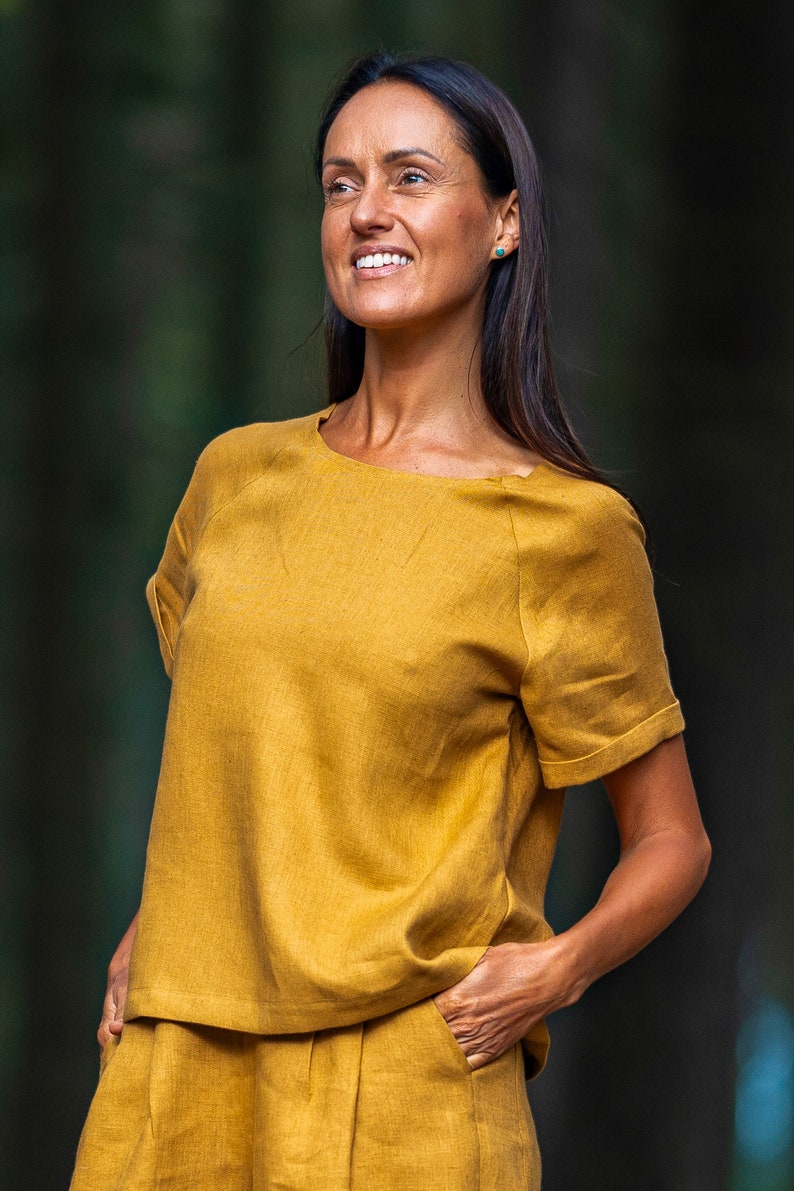 Amber yellow NORA blouse. Loose summer top. Linen top for woman. image 2