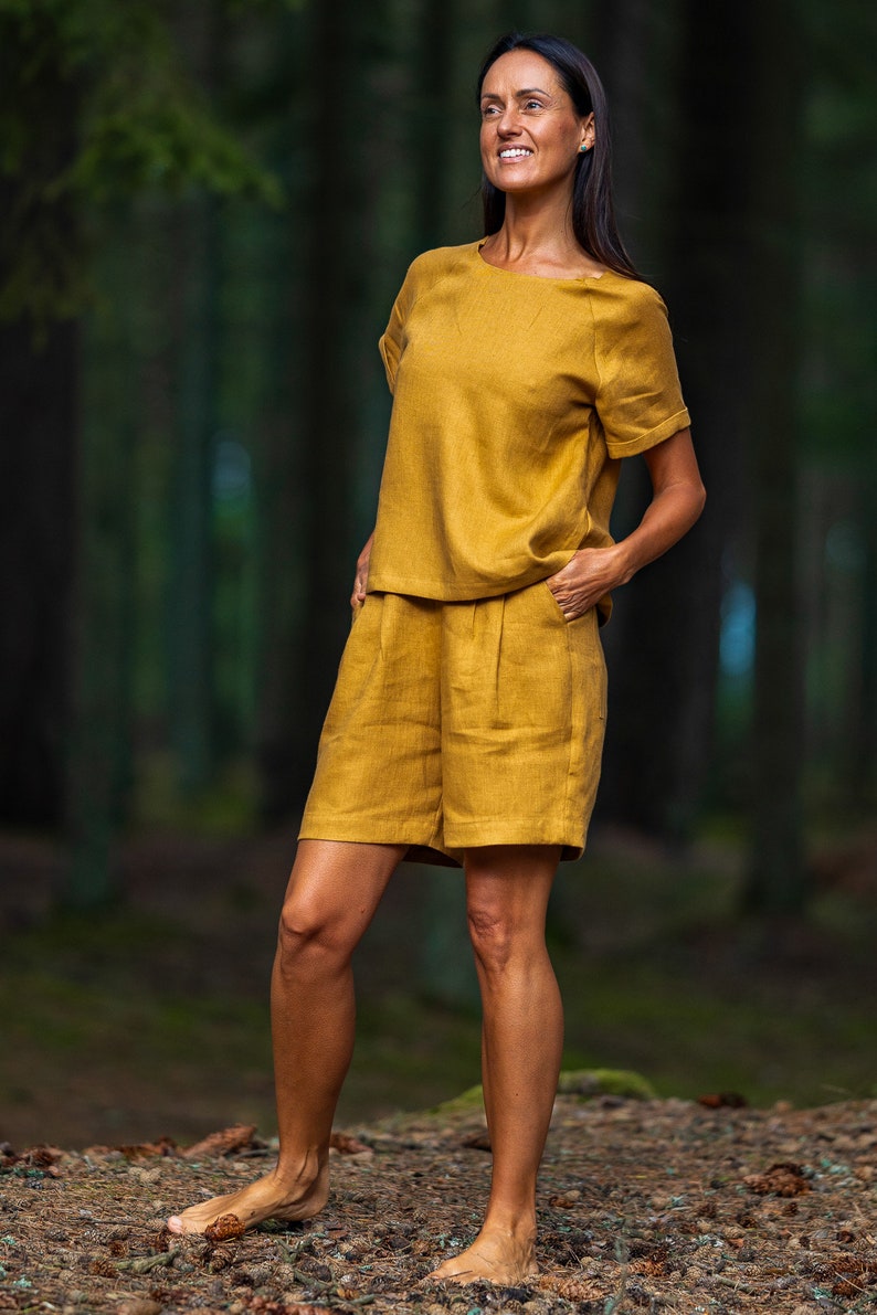 Amber yellow shorts BERGEN, Bermuda linen shorts, Pleated high waisted shorts, Shorts with pockets image 6