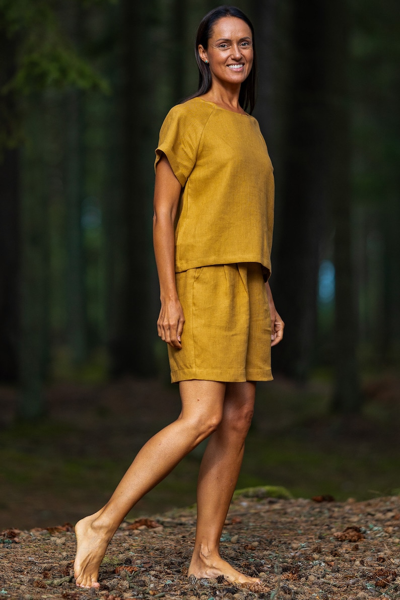 Amber yellow shorts BERGEN, Bermuda linen shorts, Pleated high waisted shorts, Shorts with pockets image 5