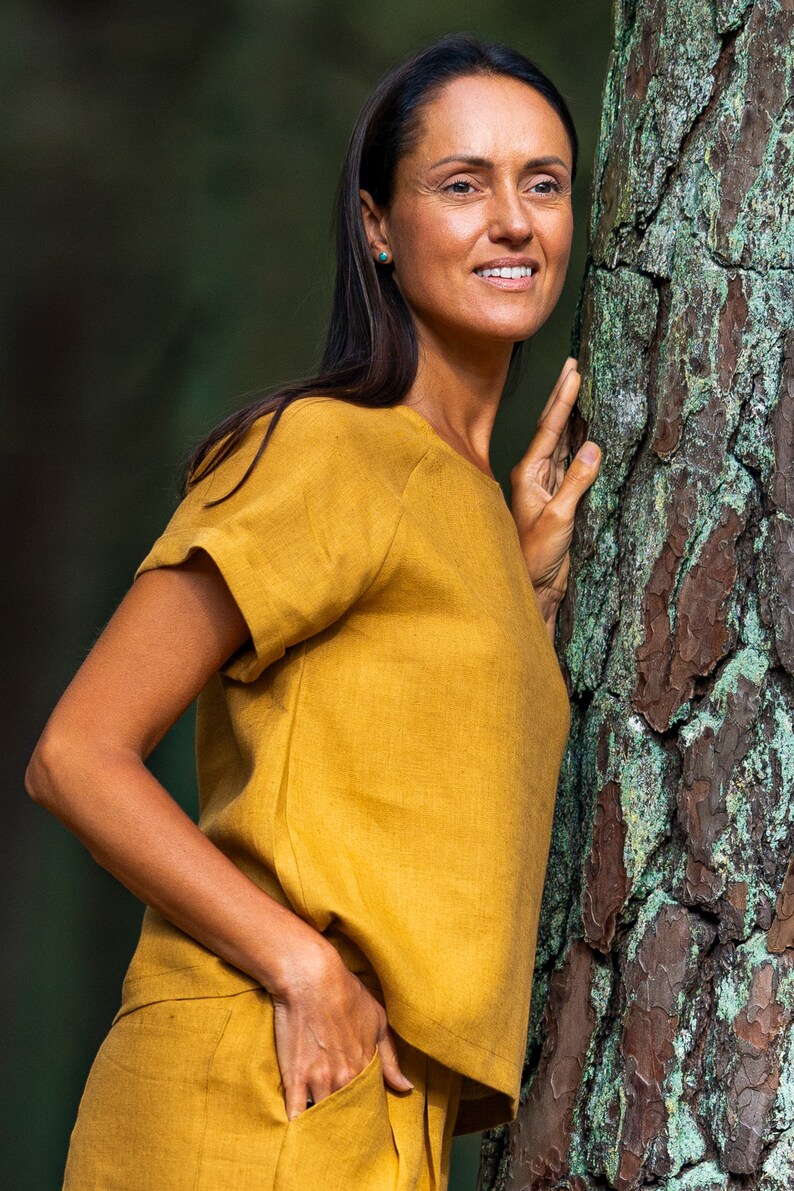 Amber yellow NORA blouse. Loose summer top. Linen top for woman. image 4