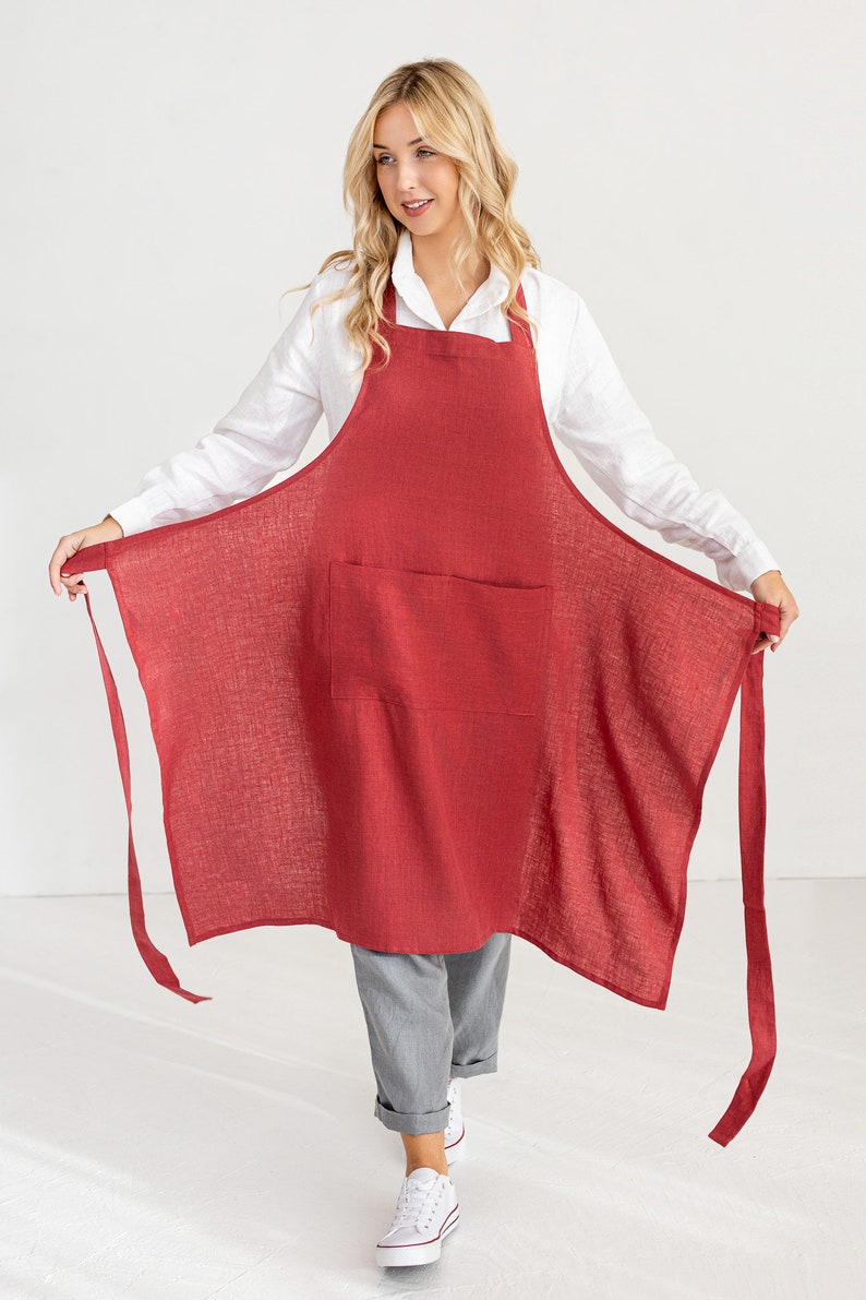 Linen Bib Apron In Raspberry / Unisex Apron / Linen Kitchen Apron image 6