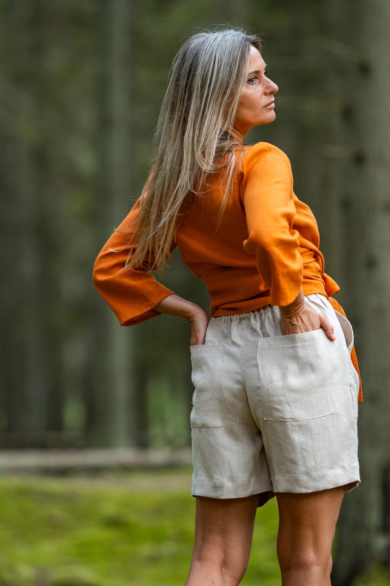 Linnen kimono MADEIRA, linnen crop top, linnen blouse, linnen top met V-hals afbeelding 4