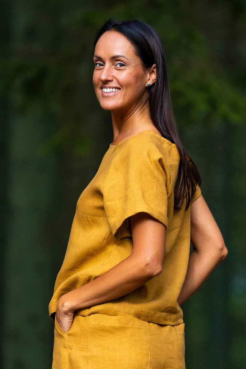 Amber yellow NORA blouse. Loose summer top. Linen top for woman. image 3