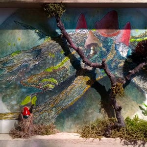 Gnome's hidden gems: The tree of secrets. Watercolor Collage, Cottagecore, Framed Art