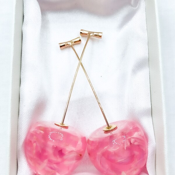 Pink cherry earrings, with real flower petals, very elegant and light