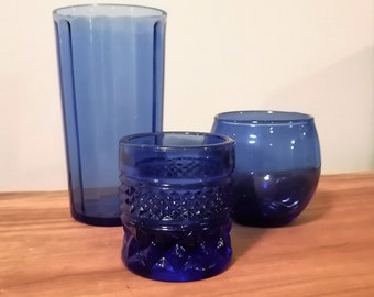 Vintage COBALT BLUE Collectible Glass, Hazel Atlas Optic Glass, Imperial Shot Glass, Tea Light Holder