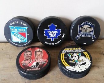 Vintage Hockey PUCKS, Rangers, Leafs, Maple Leaf Gardens, Team Canada, Mighty Ducks