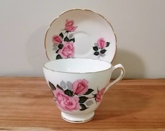 GROVESNOR Jackson and Gosling, Bone China TEA CUP and Saucer, Pink Roses, England ~ 1950's