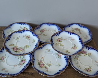 Antique FLOW BLUE Set of Four Plates by WH Grindley, Rare Floral Pattern, England ~ 1920's
