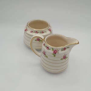 Vintage SADLER Cream and Sugar, Pretty Pink Roses, Gold Stripe Gilding, England ~ 1960&#39;s