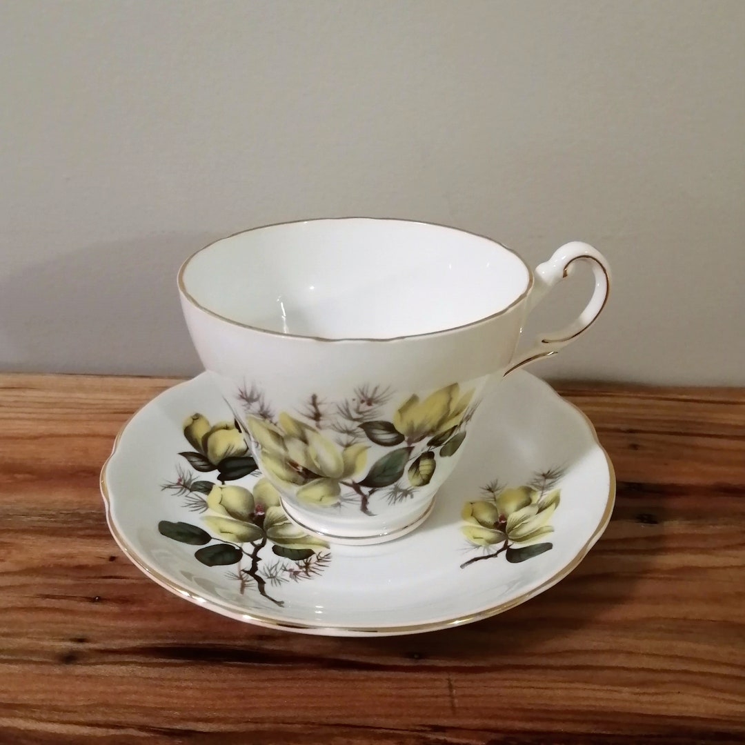 REGENCY RE47 Tea Cup and Saucer Yellow Magnolias Grey and Etsy