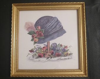 Vintage ART Print of a PAINTING by Consuelo Gamboa, BLUE Hat and Flowers