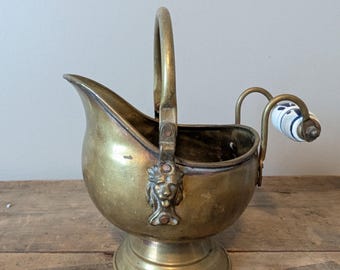 Vintage BRASS PLANTER Coal Scuttle Made from Brass and Copper, with Delft Ceramic on Handle