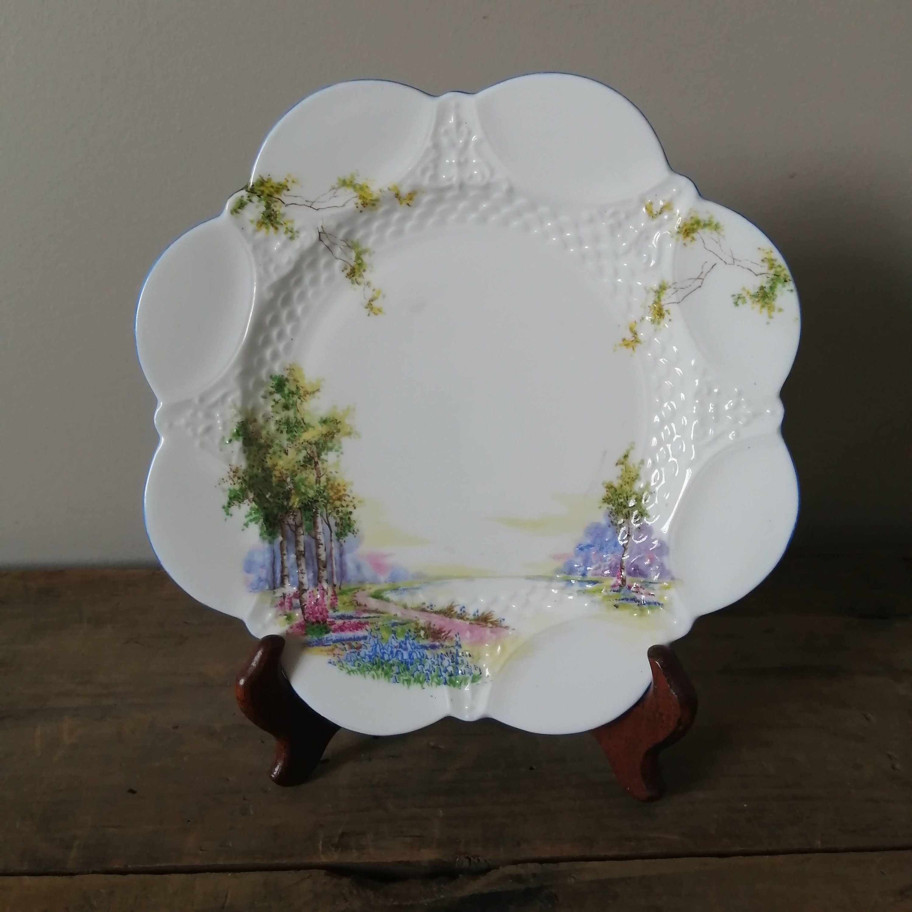 Vintage AYNSLEY Bone China 'Bluebell Time' Dessert Plate, Scalloped Edge, Blue Trim, England ~ 1940's