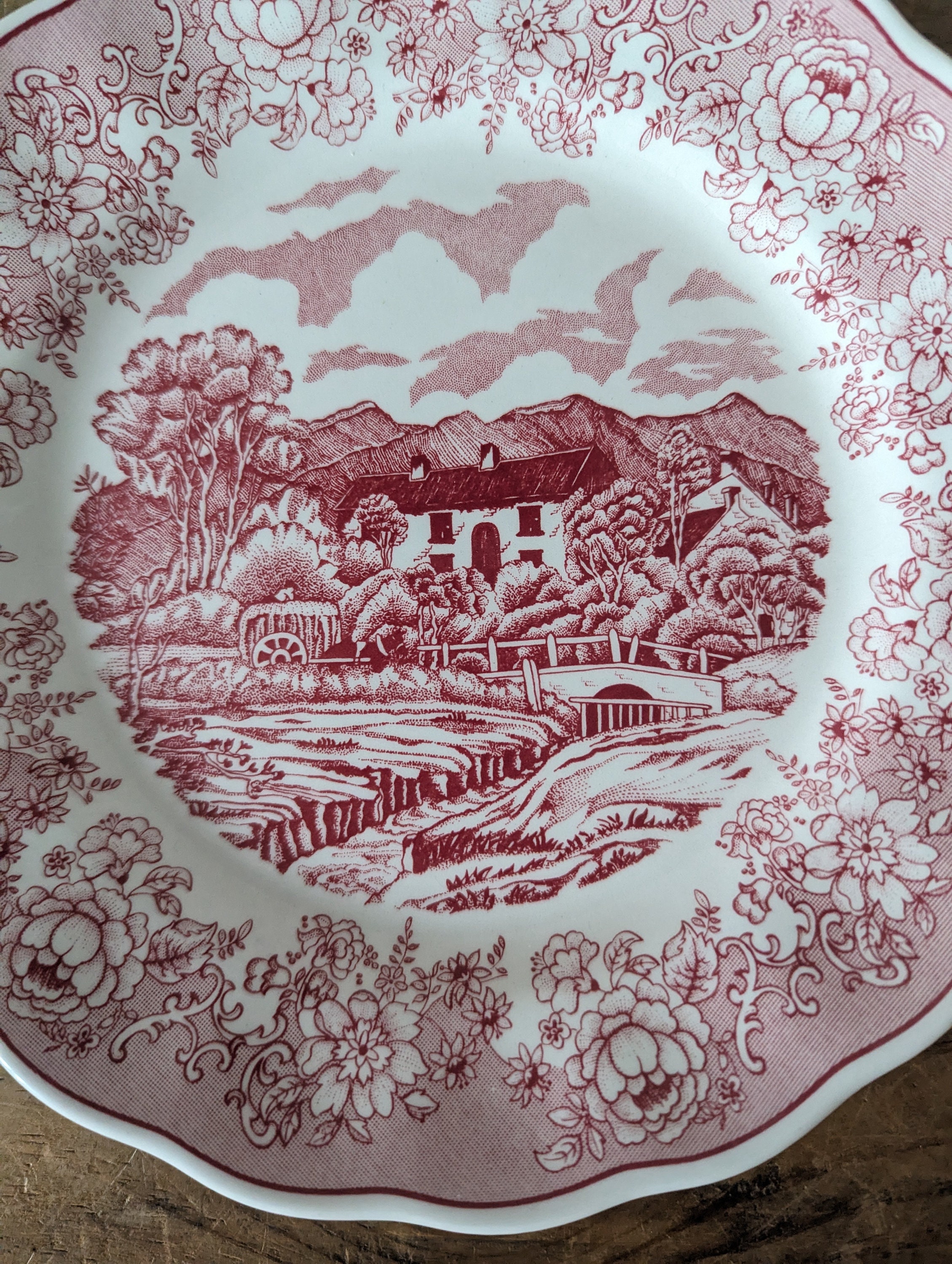 Vintage "SWISS LANDSCAPE" Dishes Made in Italy by N Fontebasso, Pink Bowl and Side Plate