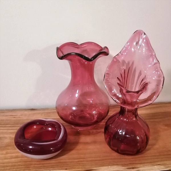 CRANBERRY Glass Collection, Vases and Ashtray, Sold Individually, Rossi and Murano