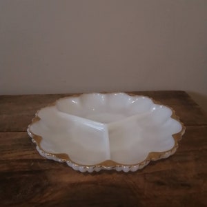 MId-Century Anchor Hocking MILK GLASS Divided Dish, Gold Rimmed, Three Sections