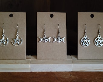 Pentagram & Triple Moon Goddess Earrings