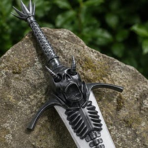 May include: A dark gray sword featuring a hilt designed as a horned skull with an open mouth. The crossguard extends into curved quillons, and the blade base is decorated with a skeletal ribcage motif. The handle has a textured, cross-hatched pattern.