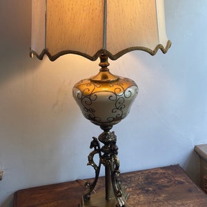 Vintage MCM Hollywood Regency Lamp Very Large 42&quot; Brass Glass Metal Filagree
