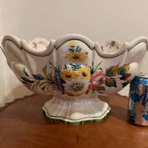Hand Painted Majolica Compote Very Large Bowl Bassano Made in Italy Flowers Vintage