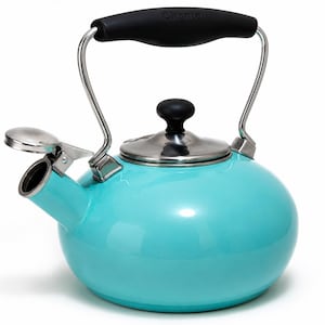 May include: A bright turquoise tea kettle with a rounded body, a stainless steel lid, and a black handle. The word Chantal is embossed on the top of the black handle. It features a silver-coloured spout with a hinged lid and a black knob on top.
