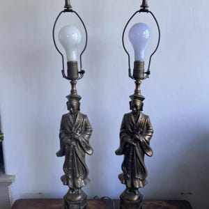 Vtg 2 Table Lamps Hollywood Regency Male Warrior Figure Tall 28&quot; MCM 1950s