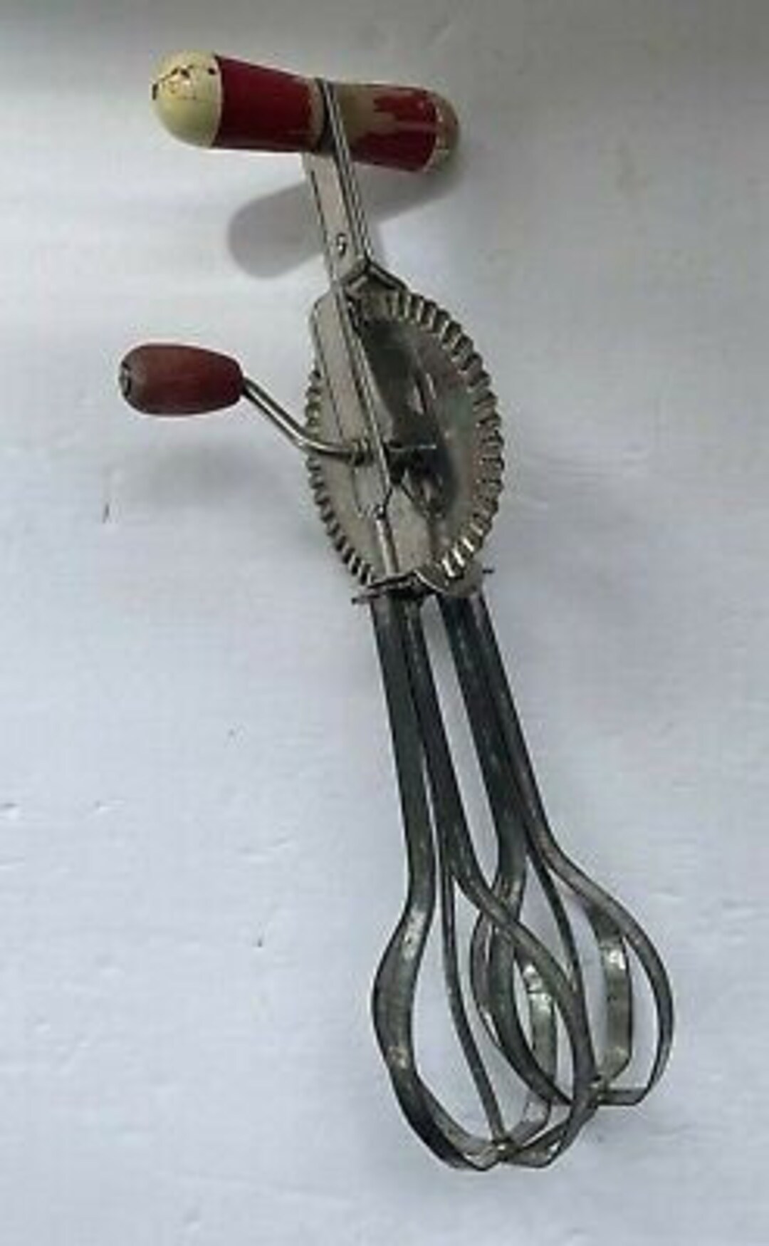 Vintage Ekco Kitchen Hand Mixer, Egg Beater Whisk With Red Wooden